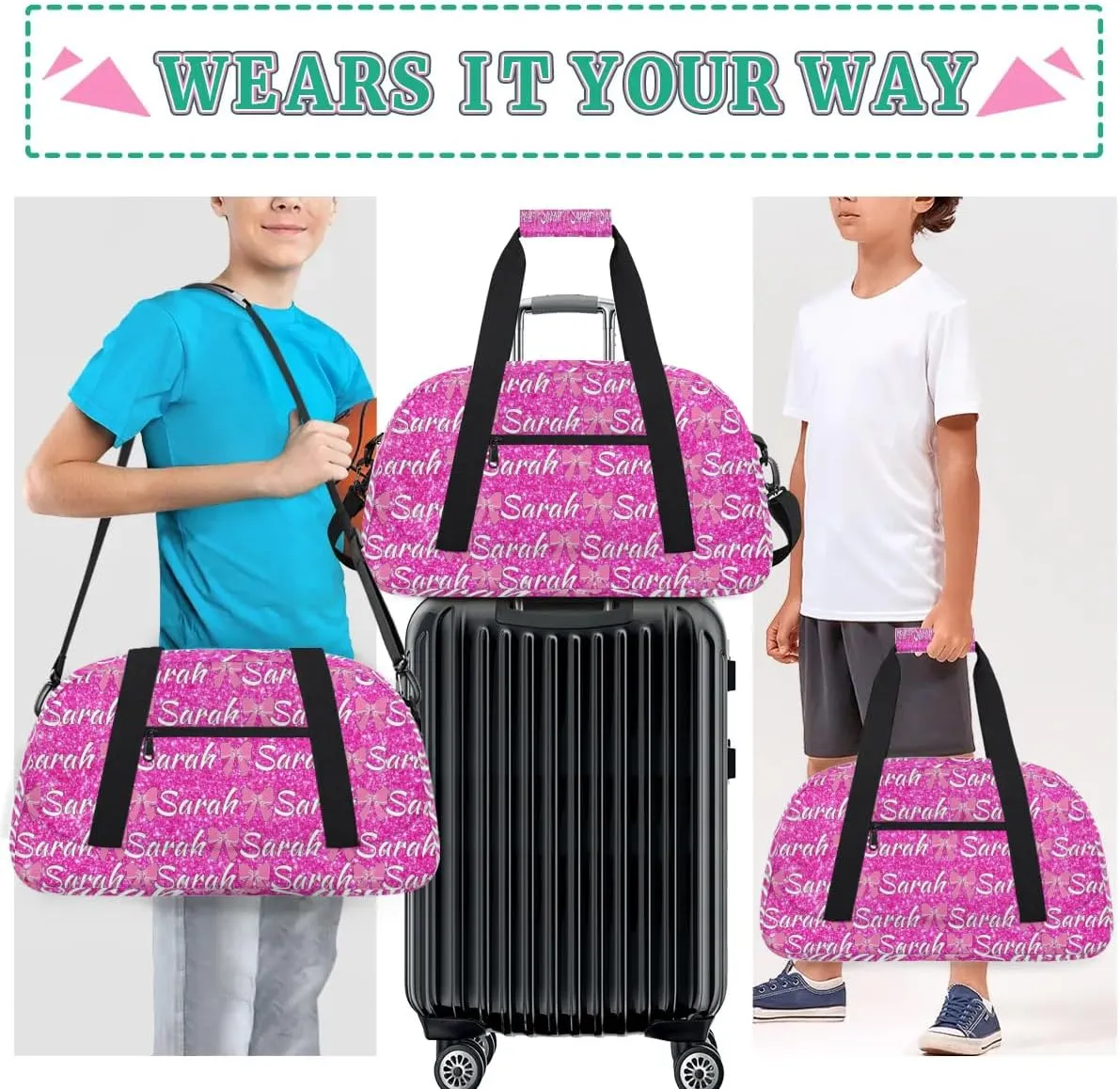 Personalized Cheer Duffel Bags Custom Cheerleader Bag with Name for Sport Events Dance Bag Customized Travel Gym Bag Overnight Weekender Carry-on Bag, Pink Glitter
