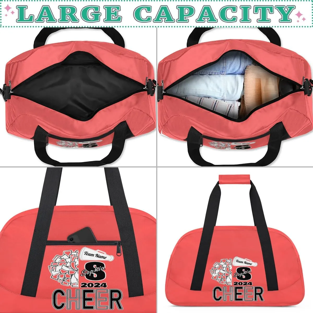 Personalized Cheer Duffel Bags, Custom Cheerleader Dance Sport Bags, Customized Cheerleading Travel Overnight Weekender Bags with Name, Coral Red