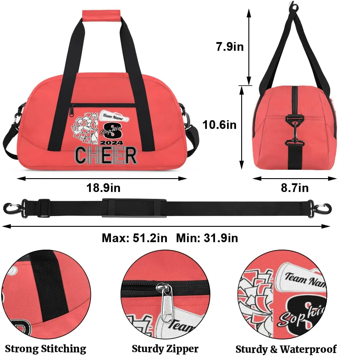 Personalized Cheer Duffel Bags, Custom Cheerleader Dance Sport Bags, Customized Cheerleading Travel Overnight Weekender Bags with Name, Coral Red