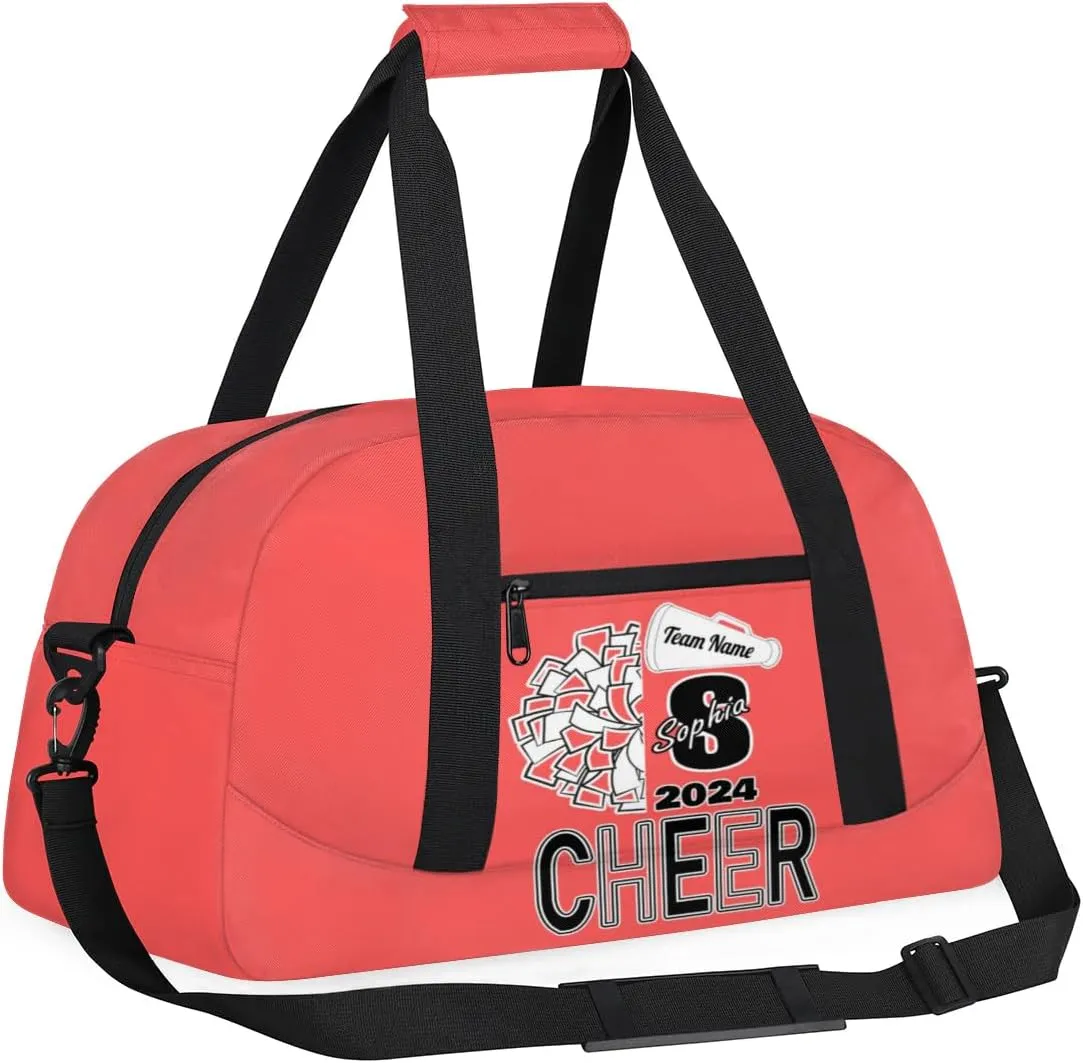 Personalized Cheer Duffel Bags, Custom Cheerleader Dance Sport Bags, Customized Cheerleading Travel Overnight Weekender Bags with Name, Coral Red