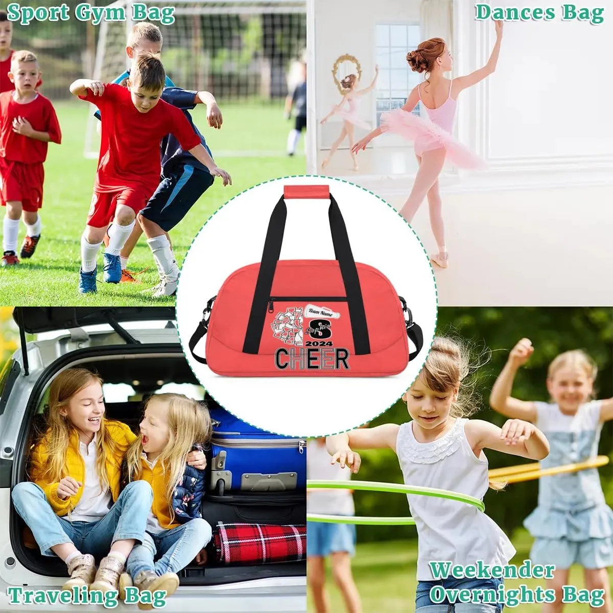 Personalized Cheer Duffel Bags, Custom Cheerleader Dance Sport Bags, Customized Cheerleading Travel Overnight Weekender Bags with Name, Coral Red