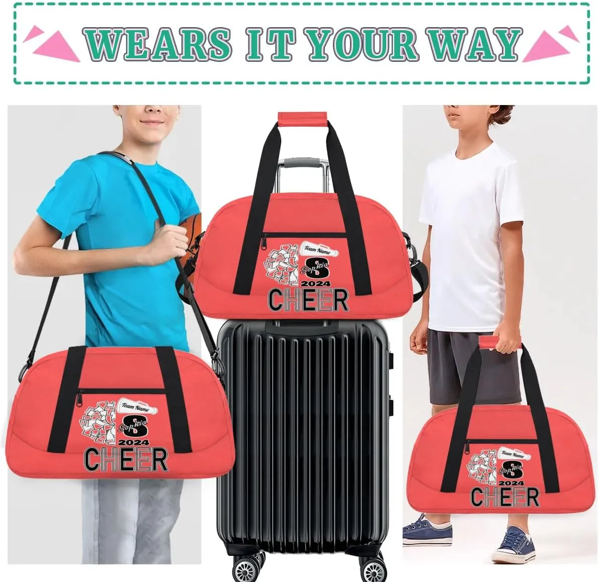 Personalized Cheer Duffel Bags, Custom Cheerleader Dance Sport Bags, Customized Cheerleading Travel Overnight Weekender Bags with Name, Coral Red