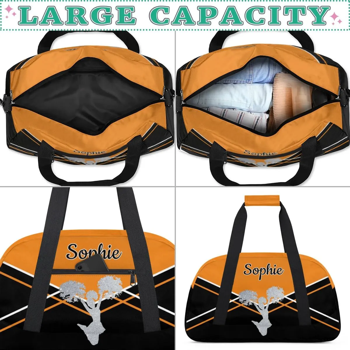 Personalized Cheer Duffel Bags Custom Name Sport Bag, Custom Cheerleader Gym Bag, Customize Travel Duffle Bag, Overnight Weekender Bags, Cheerleading Gifts, Black Light Orange