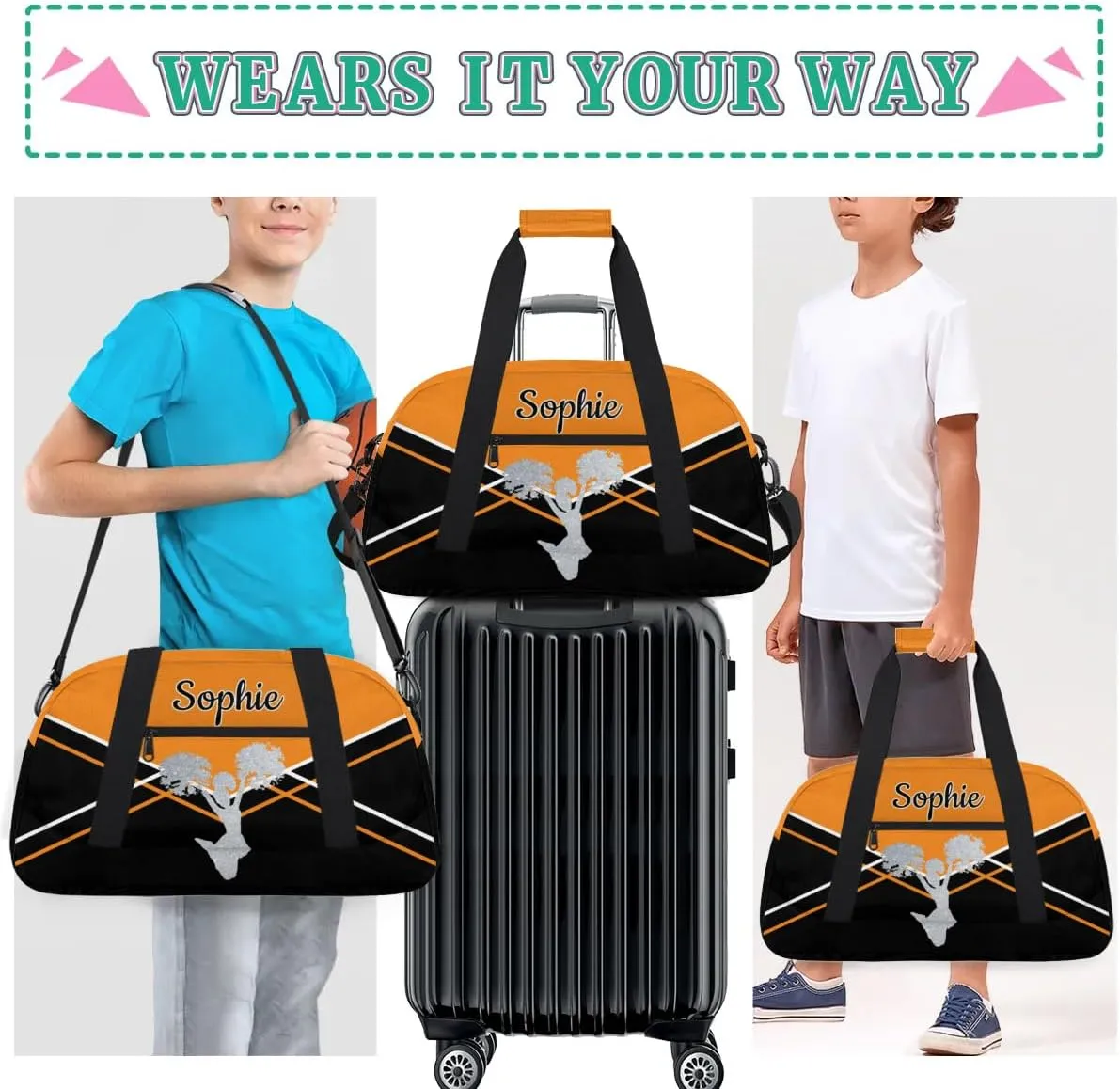 Personalized Cheer Duffel Bags Custom Name Sport Bag, Custom Cheerleader Gym Bag, Customize Travel Duffle Bag, Overnight Weekender Bags, Cheerleading Gifts, Black Light Orange
