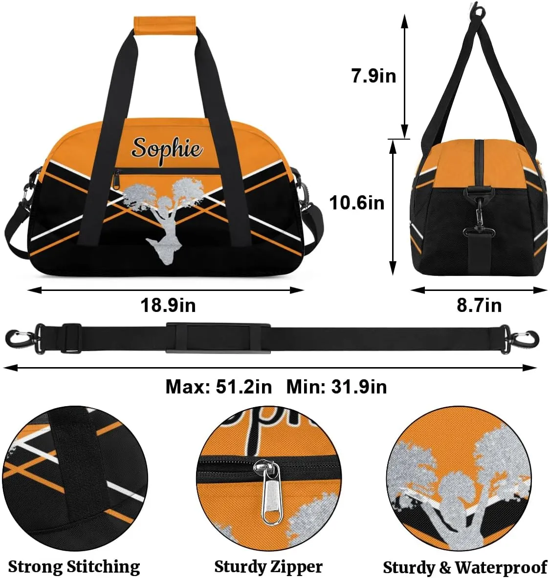 Personalized Cheer Duffel Bags Custom Name Sport Bag, Custom Cheerleader Gym Bag, Customize Travel Duffle Bag, Overnight Weekender Bags, Cheerleading Gifts, Black Light Orange