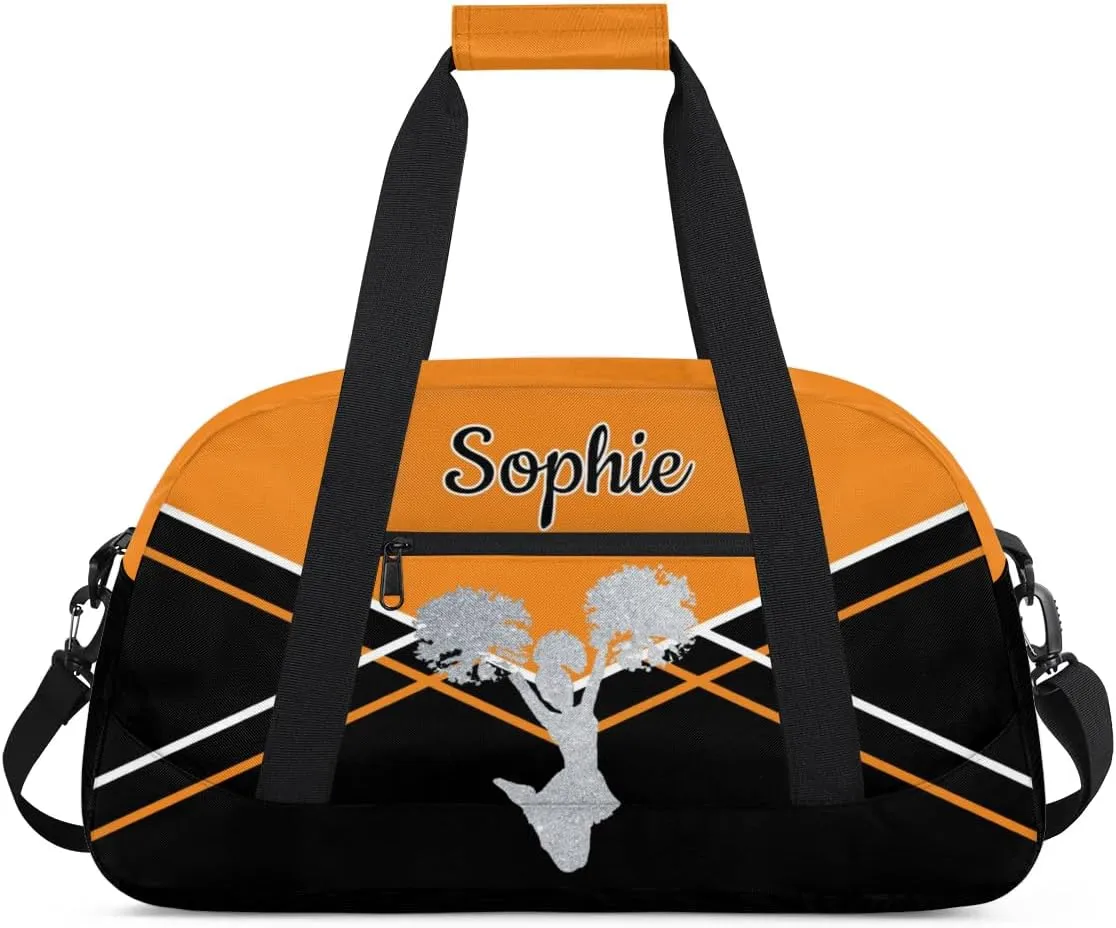 Personalized Cheer Duffel Bags Custom Name Sport Bag, Custom Cheerleader Gym Bag, Customize Travel Duffle Bag, Overnight Weekender Bags, Cheerleading Gifts, Black Light Orange