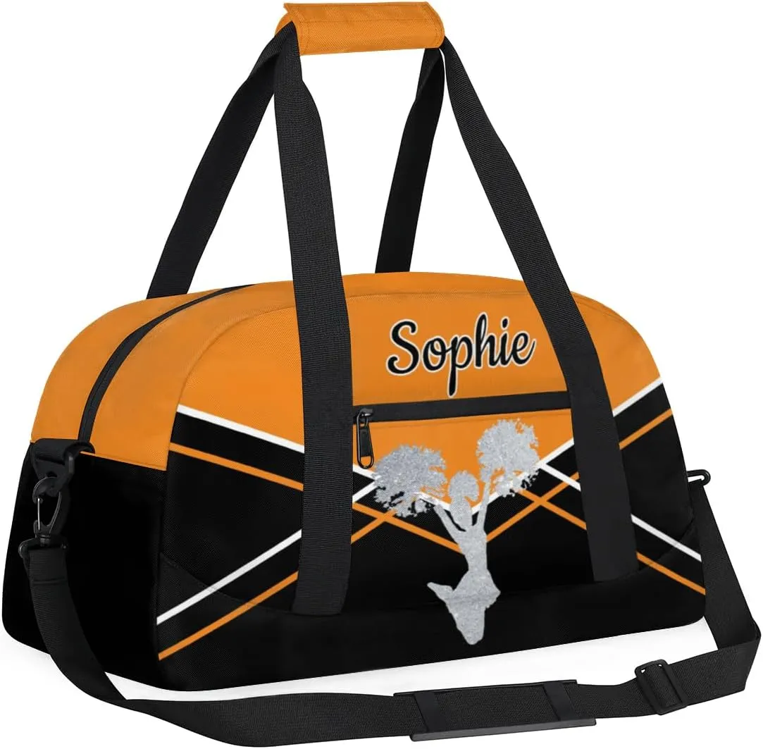 Personalized Cheer Duffel Bags Custom Name Sport Bag, Custom Cheerleader Gym Bag, Customize Travel Duffle Bag, Overnight Weekender Bags, Cheerleading Gifts, Black Light Orange