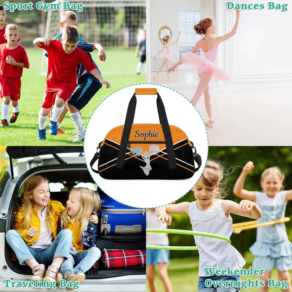 Personalized Cheer Duffel Bags Custom Name Sport Bag, Custom Cheerleader Gym Bag, Customize Travel Duffle Bag, Overnight Weekender Bags, Cheerleading Gifts, Black Light Orange
