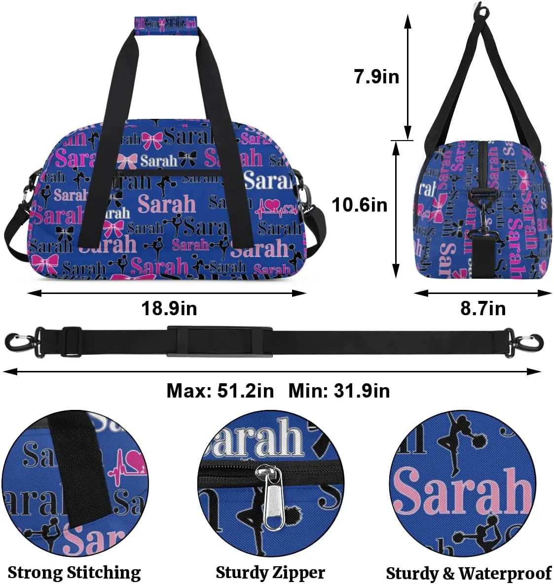 Personalized Cheer Duffle Bags, Custom Cheerleading Gym Bag for Women, Cheer Duffel Bag with Name Overnight Weekender Bags Customized Gifts for Cheerleaders (Cobalt Blue)