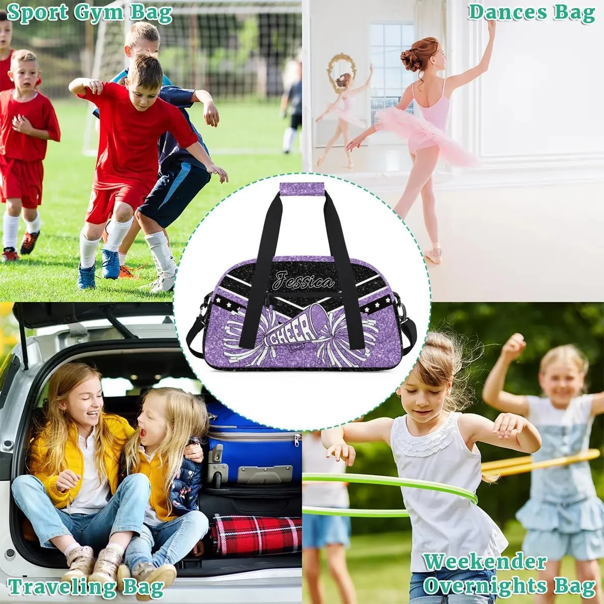 Personalized Cheer Sport Gym Duffel Bags Custom Cheerleadr Bag with Name, Customize Travel Duffle Bags, Overnight Weekender Bag Cheerleading Gifts, Purple