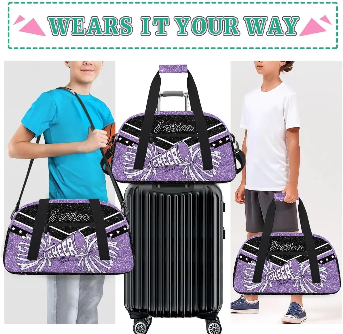 Personalized Cheer Sport Gym Duffel Bags Custom Cheerleadr Bag with Name, Customize Travel Duffle Bags, Overnight Weekender Bag Cheerleading Gifts, Purple