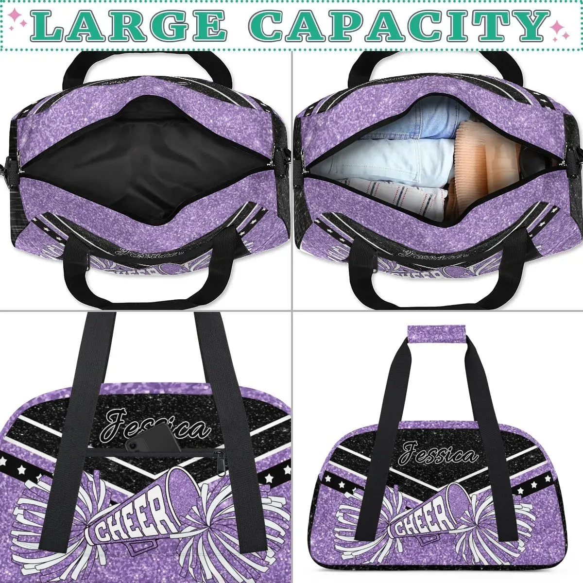 Personalized Cheer Sport Gym Duffel Bags Custom Cheerleadr Bag with Name, Customize Travel Duffle Bags, Overnight Weekender Bag Cheerleading Gifts, Purple