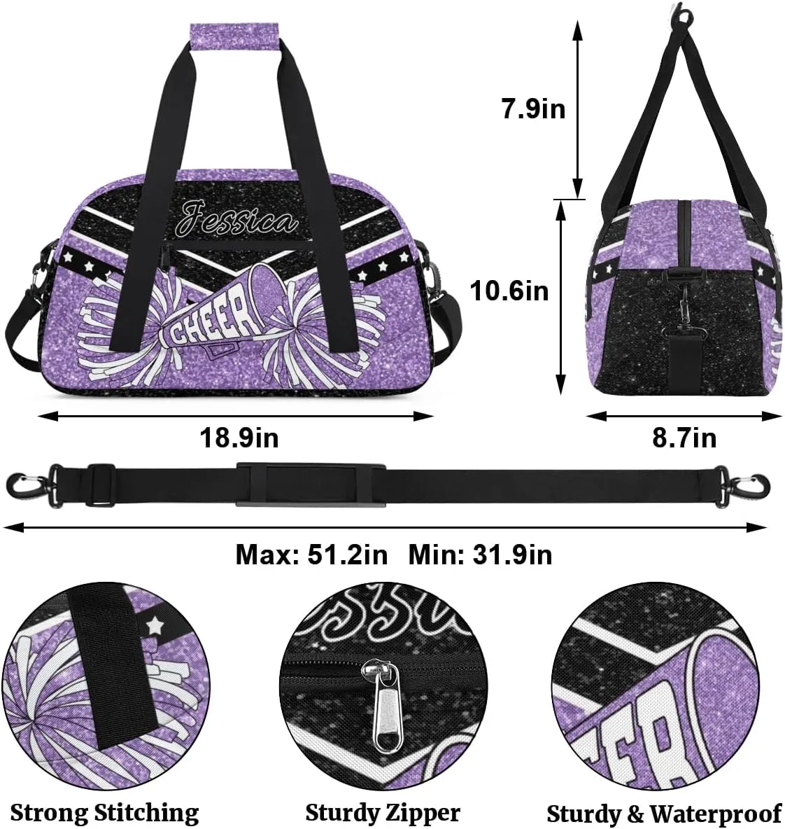 Personalized Cheer Sport Gym Duffel Bags Custom Cheerleadr Bag with Name, Customize Travel Duffle Bags, Overnight Weekender Bag Cheerleading Gifts, Purple