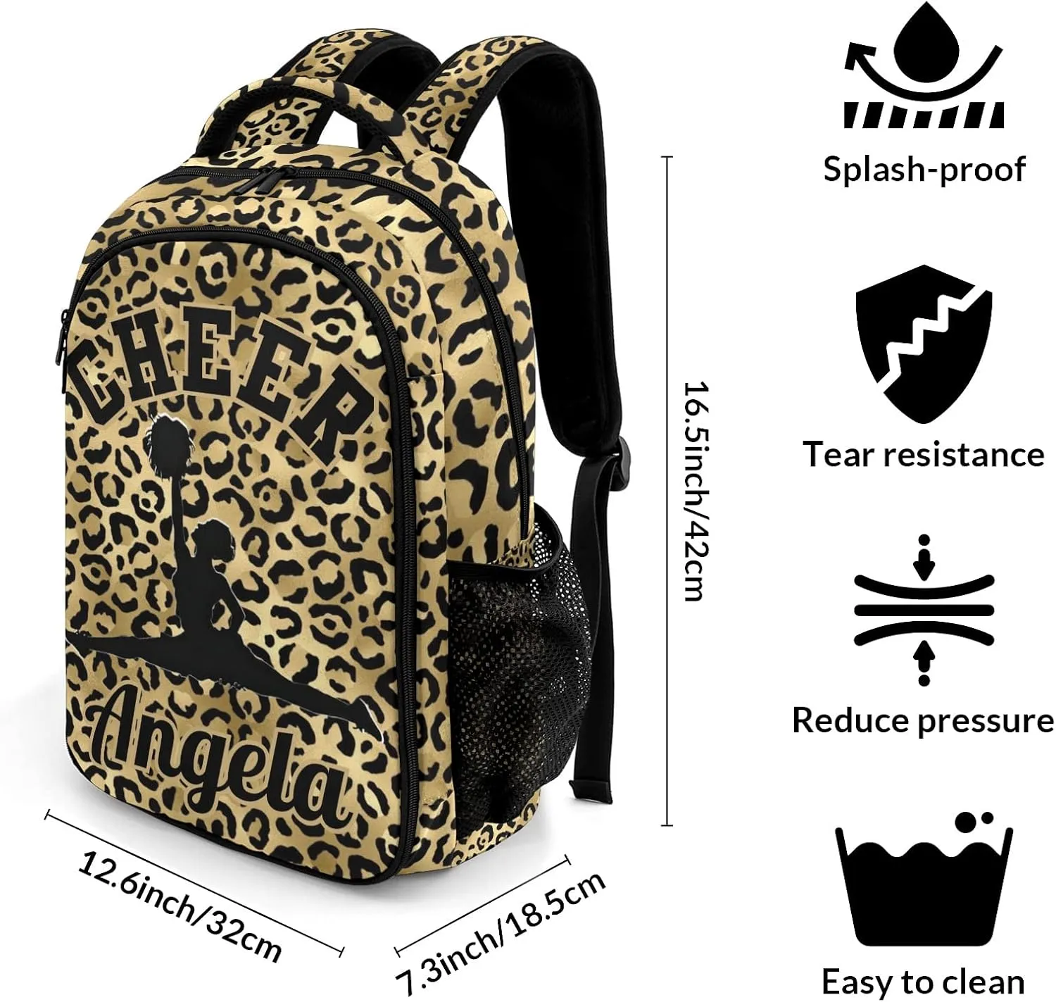 Personalized Cheerleader Backpack Casual Bag Daypack for Women Men Camping Hiking Leopard Print Yellow Cheerleading