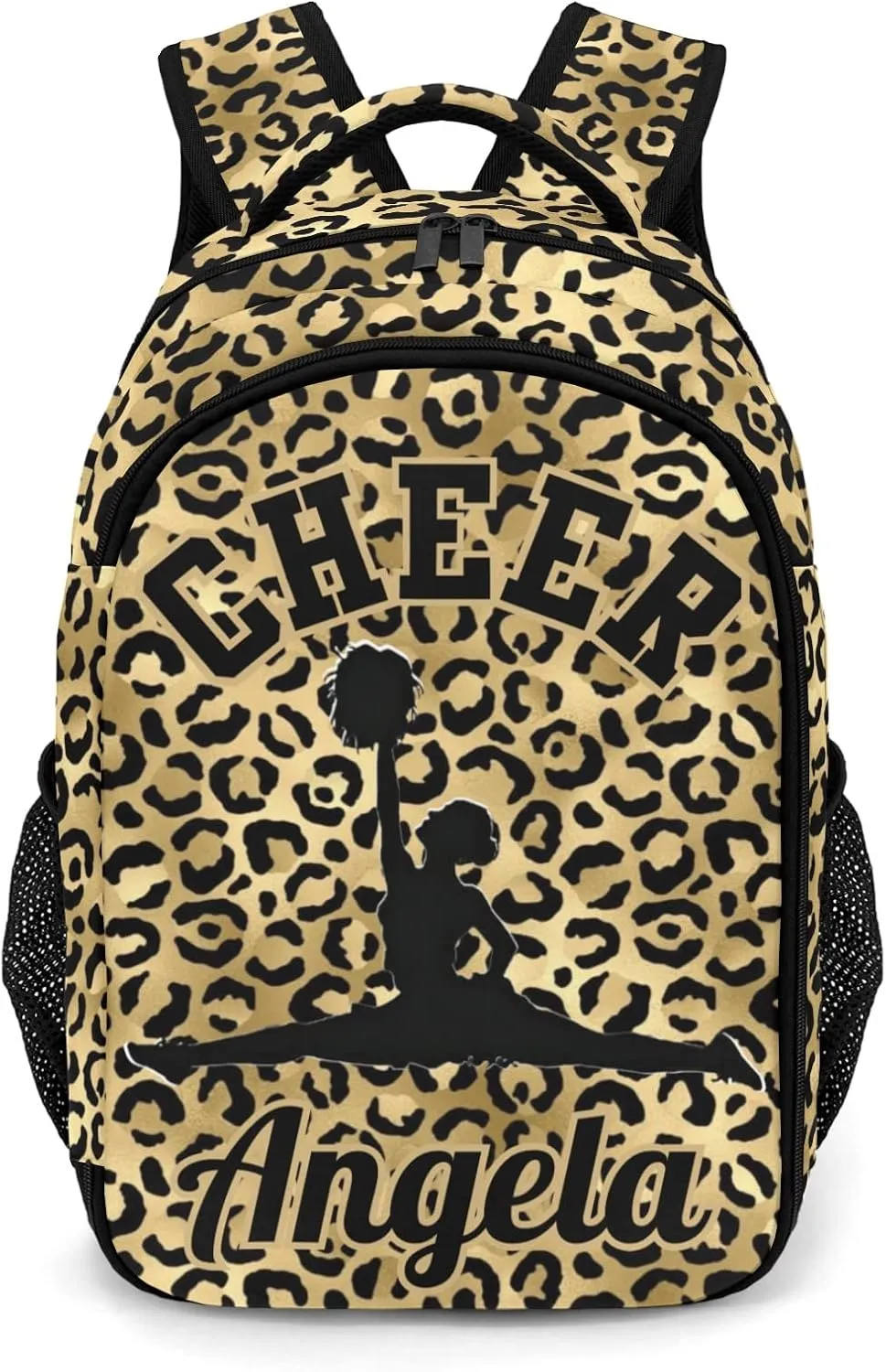 Personalized Cheerleader Backpack Casual Bag Daypack for Women Men Camping Hiking Leopard Print Yellow Cheerleading