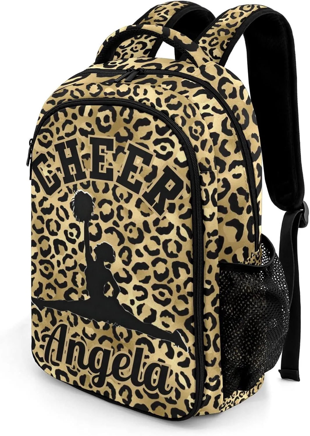 Personalized Cheerleader Backpack Casual Bag Daypack for Women Men Camping Hiking Leopard Print Yellow Cheerleading