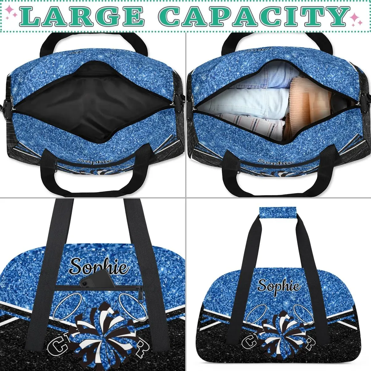 Personalized Cheerleader Bag Custom Cheer Sport Duffel Bags with Your Name Gymnastics Travel Bag Dance Bag Sleepover Weekender Bags, Cobalt Blue