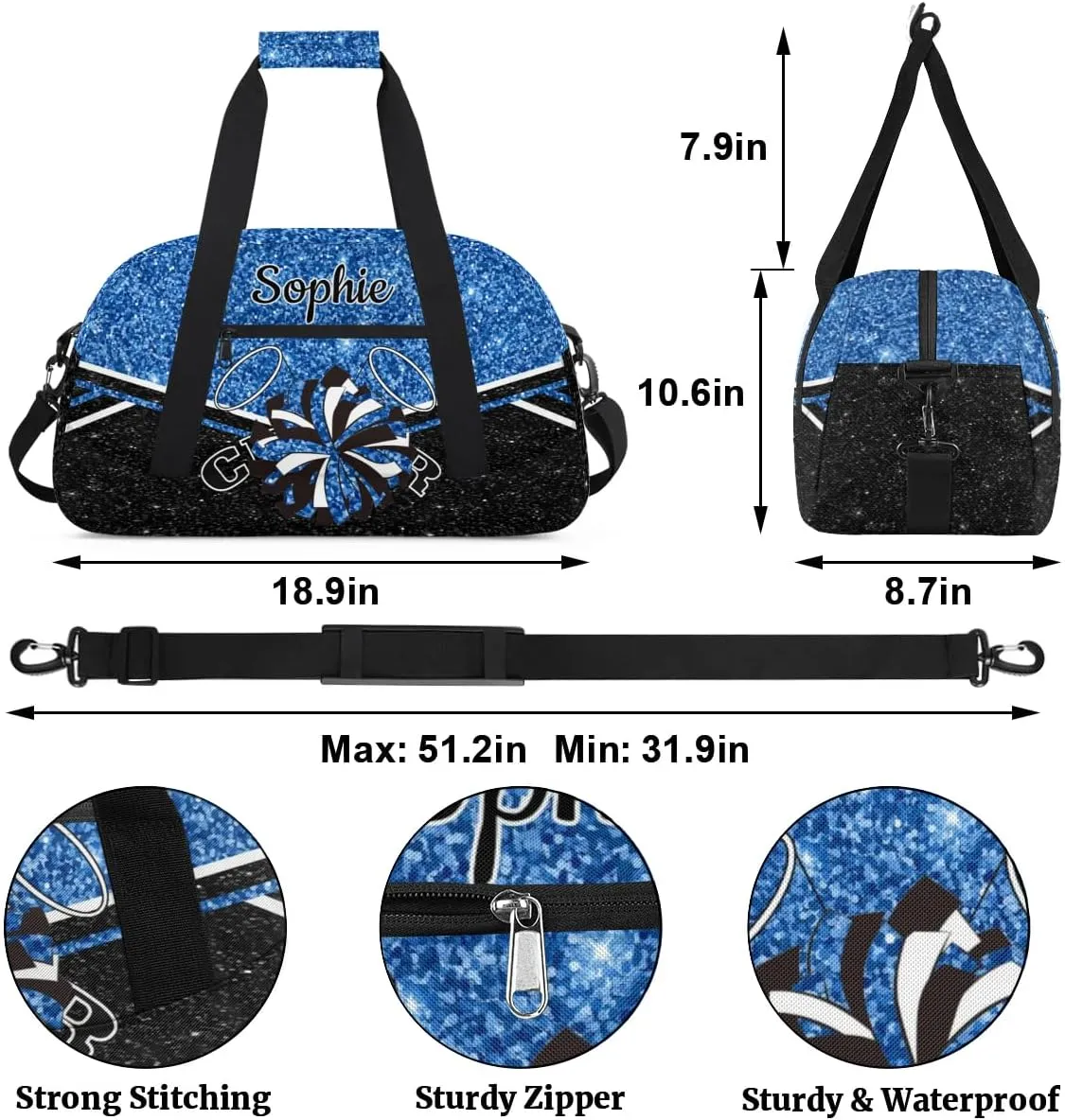 Personalized Cheerleader Bag Custom Cheer Sport Duffel Bags with Your Name Gymnastics Travel Bag Dance Bag Sleepover Weekender Bags, Cobalt Blue