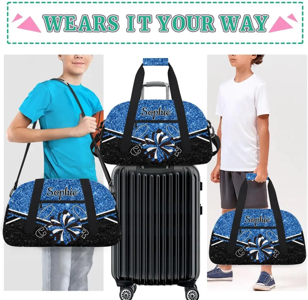 Personalized Cheerleader Bag Custom Cheer Sport Duffel Bags with Your Name Gymnastics Travel Bag Dance Bag Sleepover Weekender Bags, Cobalt Blue