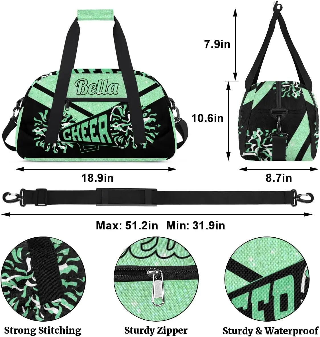 Personalized Cheerleader Bag Custom Sport Duffel Bags with Your Name Gymnastics Travel Bag Dance Bag Sleepover Weekender Bag, Green
