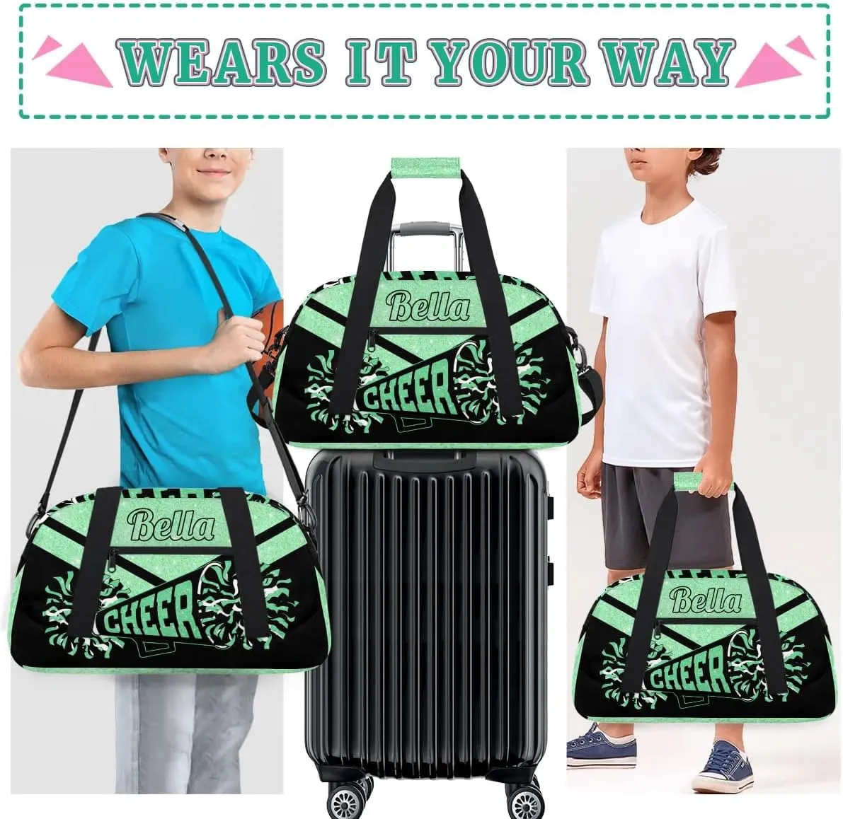 Personalized Cheerleader Bag Custom Sport Duffel Bags with Your Name Gymnastics Travel Bag Dance Bag Sleepover Weekender Bag, Green