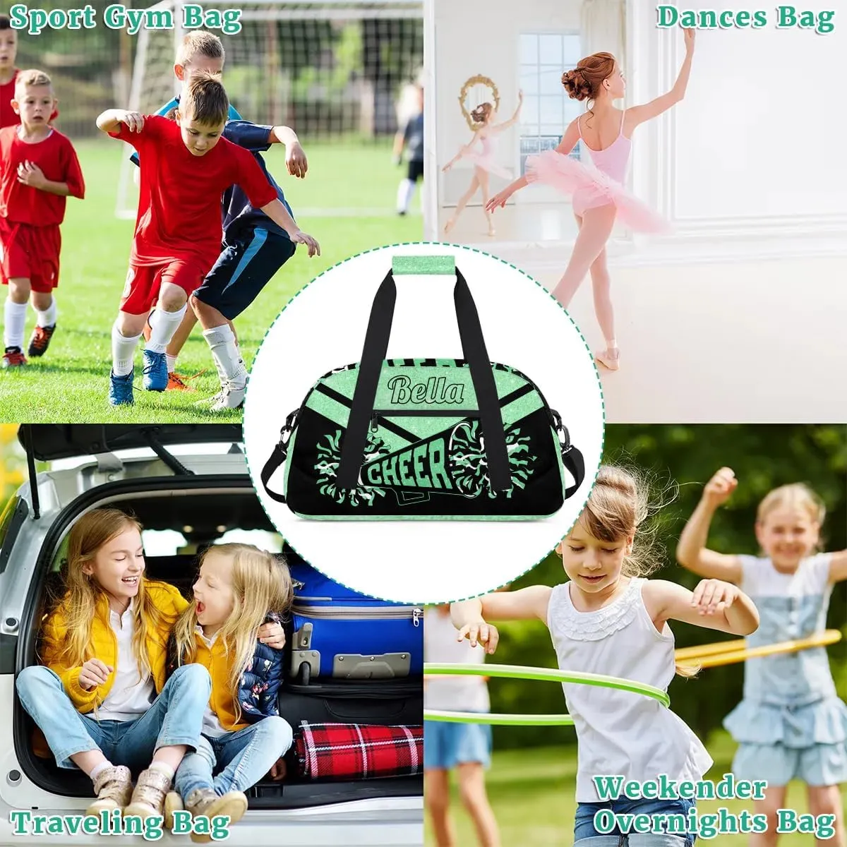 Personalized Cheerleader Bag Custom Sport Duffel Bags with Your Name Gymnastics Travel Bag Dance Bag Sleepover Weekender Bag, Green