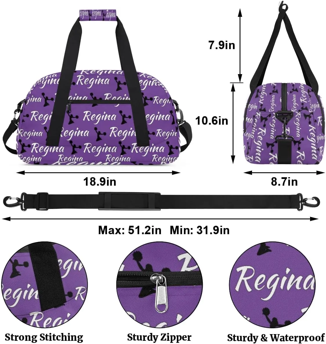 Personalized Cheerleader Bag Dance Bag for Women, Custom Gym Bag Sport Duffel Bags, Weekender Bags Travel Duffel Bag Cheerleader, Dark Purple