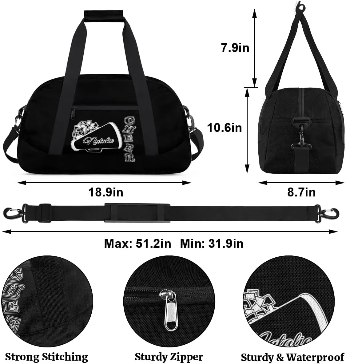 Personalized Cheerleader Sports Duffel Bags Custom Gymnastics Name Gym Dance Bags Customized Cheer Ballet Gift Overnight Weekender Bag, Black