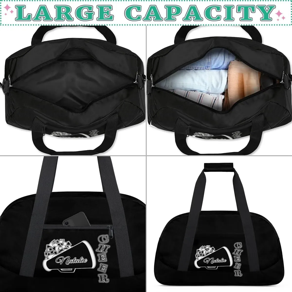 Personalized Cheerleader Sports Duffel Bags Custom Gymnastics Name Gym Dance Bags Customized Cheer Ballet Gift Overnight Weekender Bag, Black