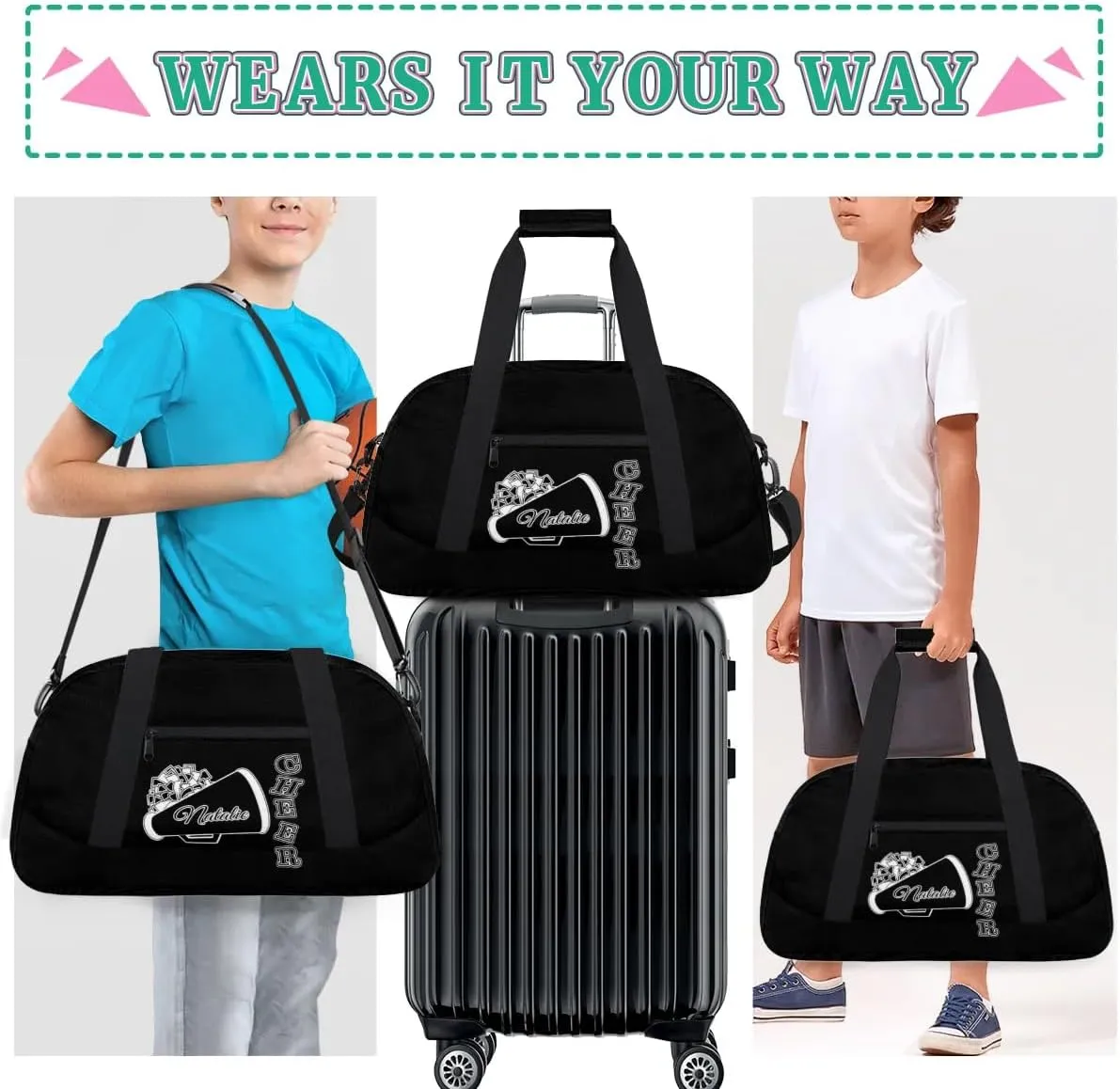 Personalized Cheerleader Sports Duffel Bags Custom Gymnastics Name Gym Dance Bags Customized Cheer Ballet Gift Overnight Weekender Bag, Black