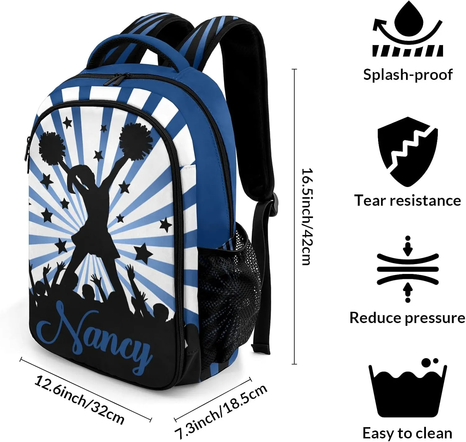 Personalized Cheerleaders Backpack Multifunctional Waterproof Laptop Bag for Travel Gift Shine Stripes Navy Cheer