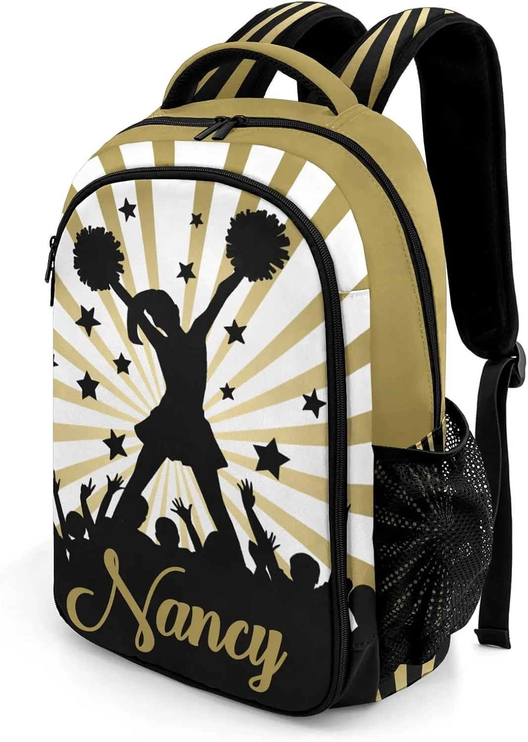 Personalized Cheerleaders Backpack Multifunctional Waterproof Laptop Bag for Travel Gift Yellow Brown Stripes Stars Cheer