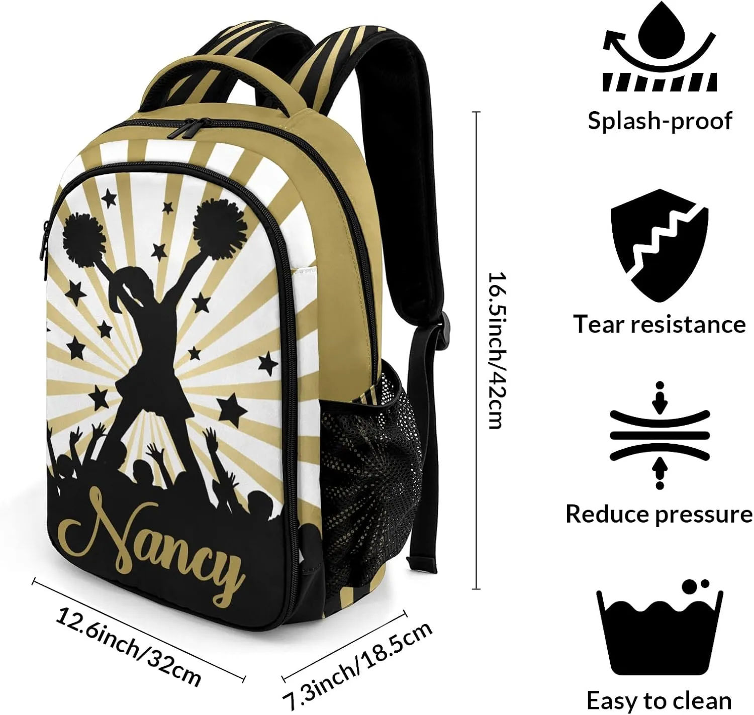 Personalized Cheerleaders Backpack Multifunctional Waterproof Laptop Bag for Travel Gift Yellow Brown Stripes Stars Cheer
