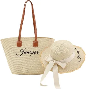 Personalized Custom Womens Summer Straw Hat and Tote Bag Set