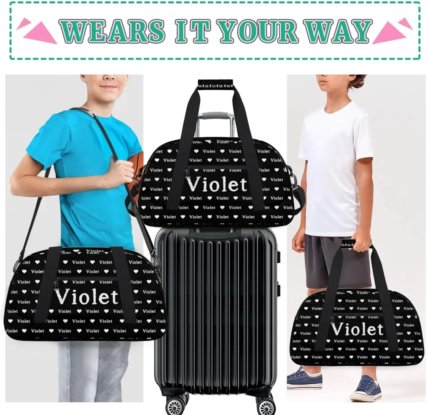 Personalized Duffel Bag Custom Sport Gym Travel Bags for Women Men, Customized Name Overnight Bags Weekender Bag, Black