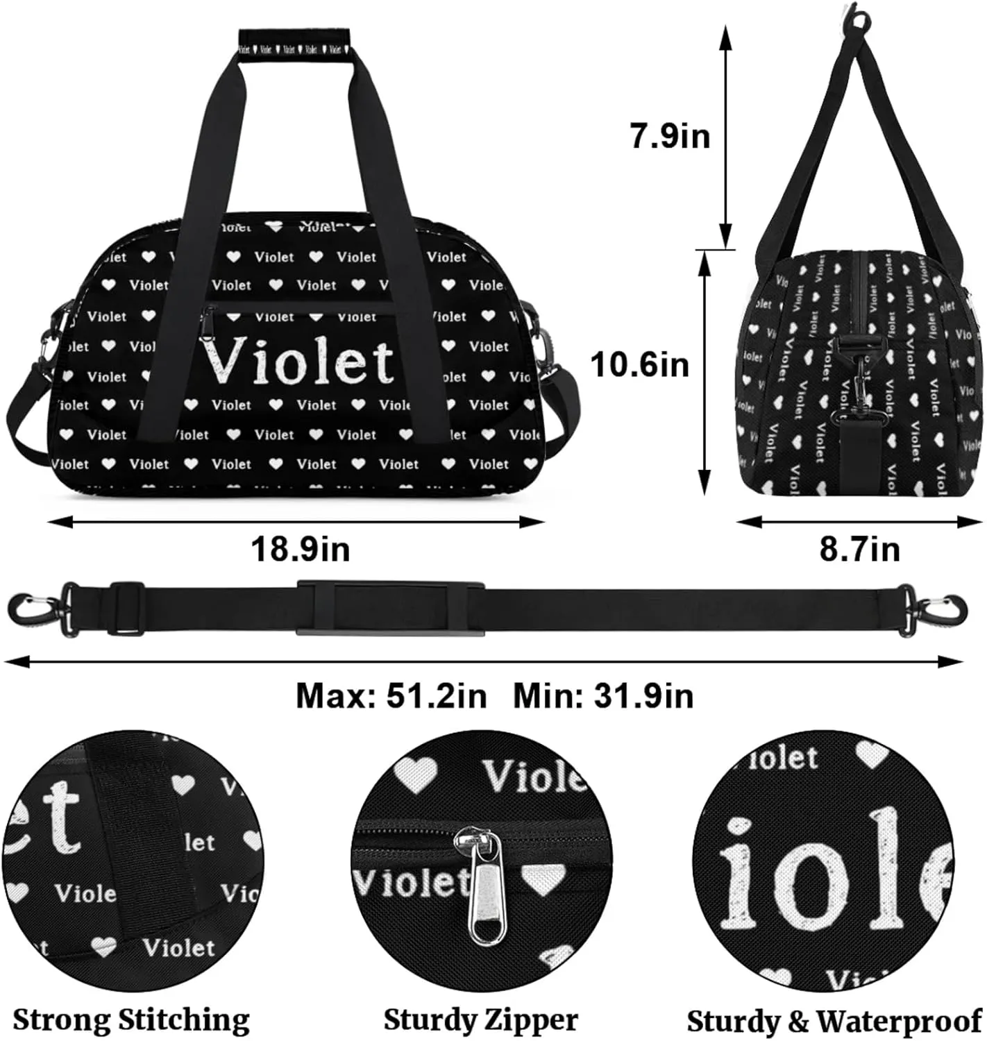 Personalized Duffel Bag Custom Sport Gym Travel Bags for Women Men, Customized Name Overnight Bags Weekender Bag, Black