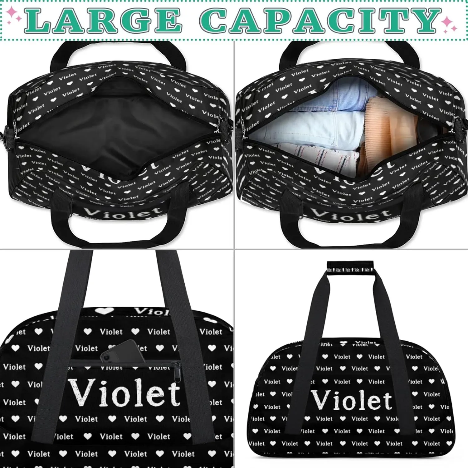 Personalized Duffel Bag Custom Sport Gym Travel Bags for Women Men, Customized Name Overnight Bags Weekender Bag, Black