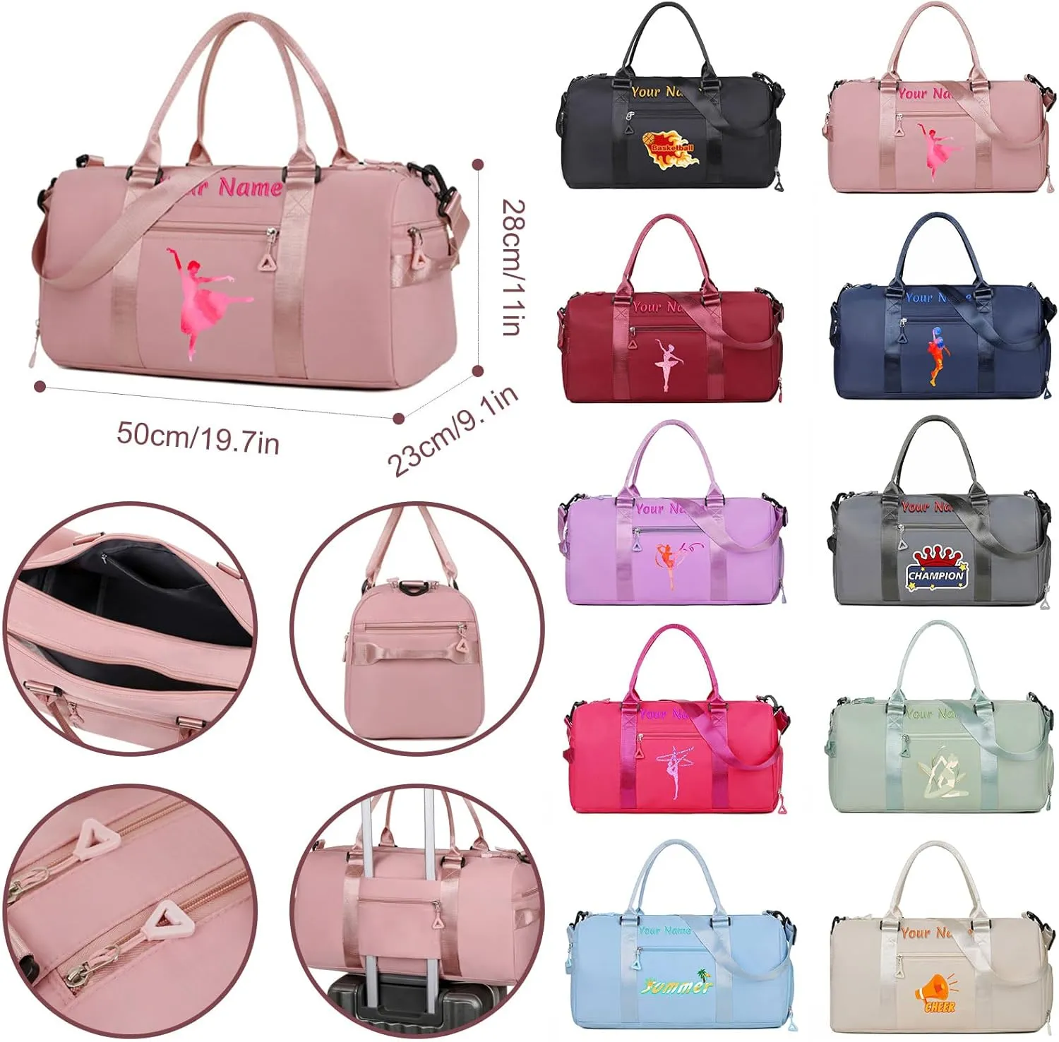 Personalized Embroidered Duffel Bag, Custom Sports Gym Bag with Name for Man Women, Girls Dance Bag Weekend Bag Travel Bag - with Shoulder Strap & Wet Dry Pockets & Shoe Compartment - Grey