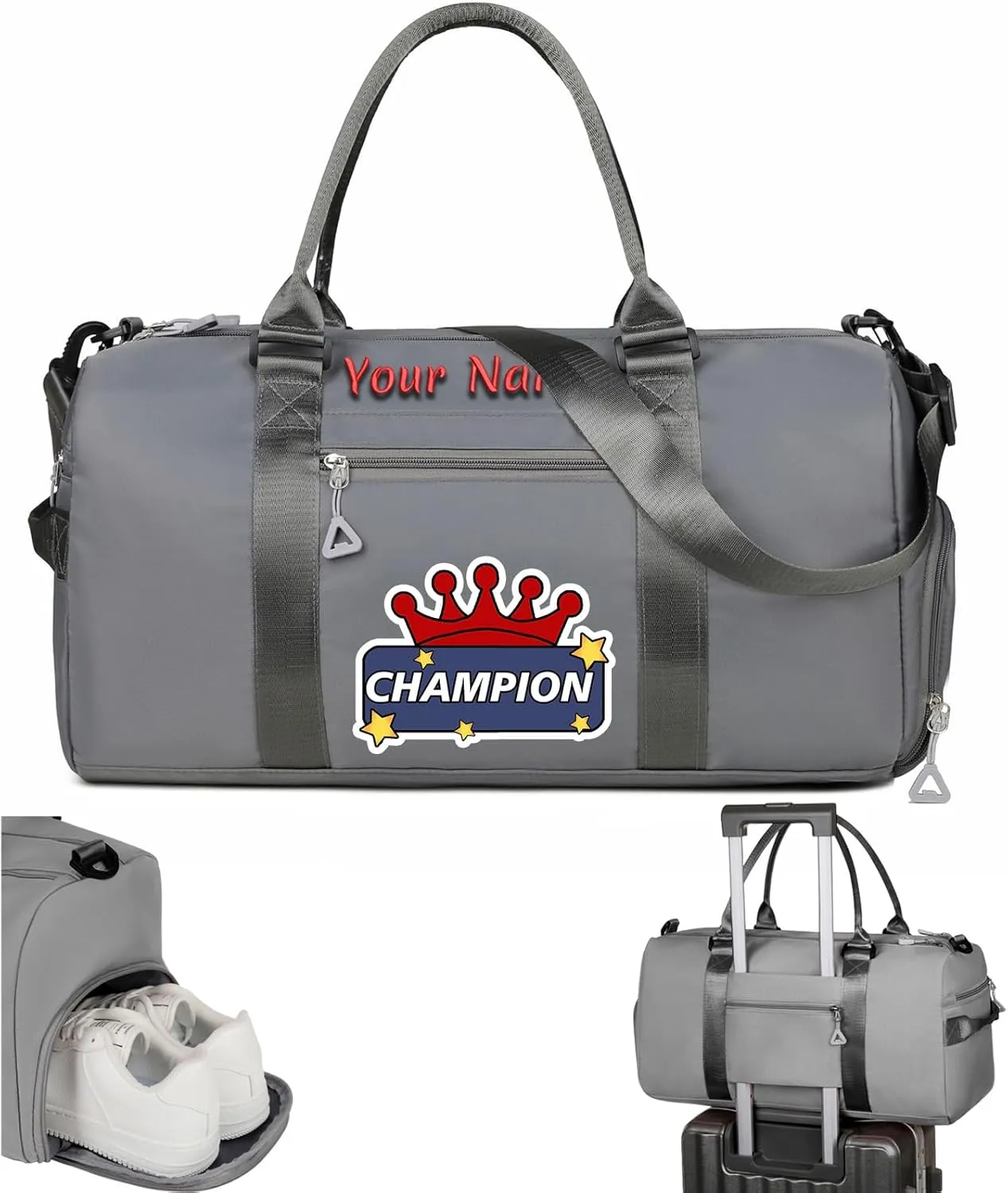 Personalized Embroidered Duffel Bag, Custom Sports Gym Bag with Name for Man Women, Girls Dance Bag Weekend Bag Travel Bag - with Shoulder Strap & Wet Dry Pockets & Shoe Compartment - Grey