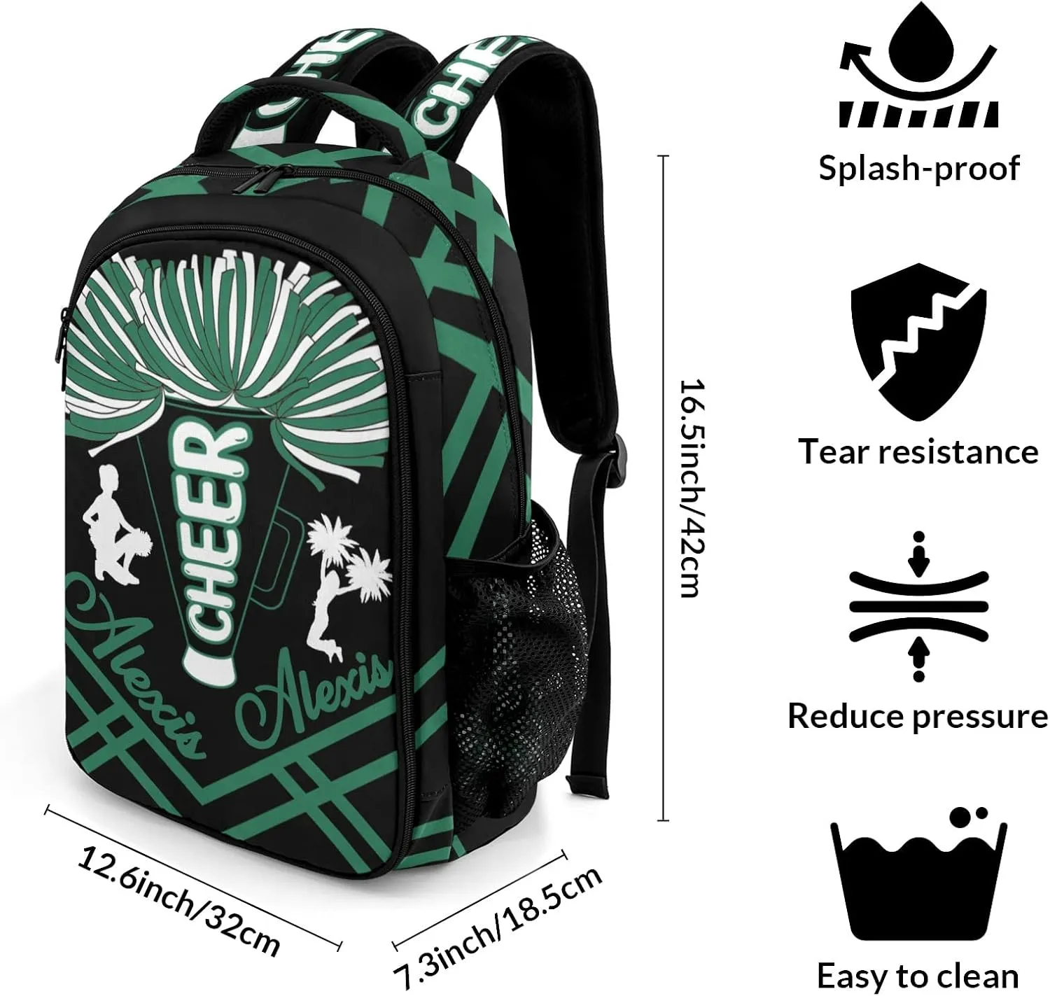 Personalized Green Cheerleaders Pom Cheer Backpack Name Casual Bag Daypack for Women Men Camping Hiking