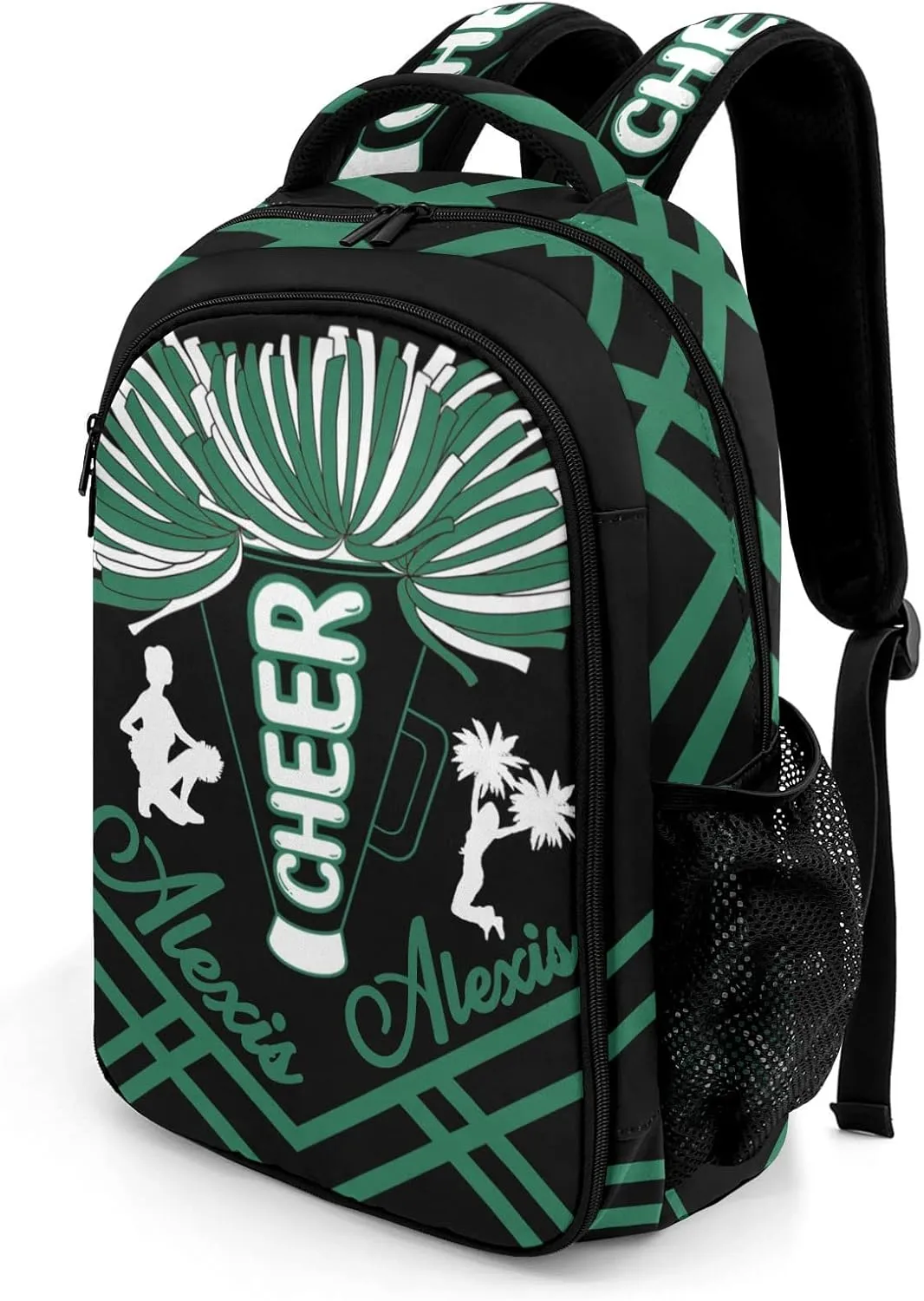 Personalized Green Cheerleaders Pom Cheer Backpack Name Casual Bag Daypack for Women Men Camping Hiking
