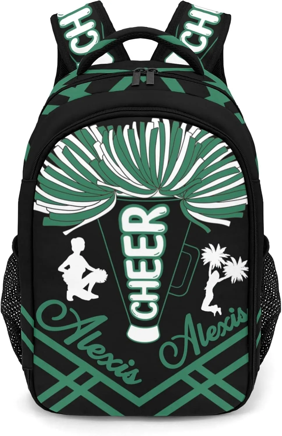 Personalized Green Cheerleaders Pom Cheer Backpack Name Casual Bag Daypack for Women Men Camping Hiking