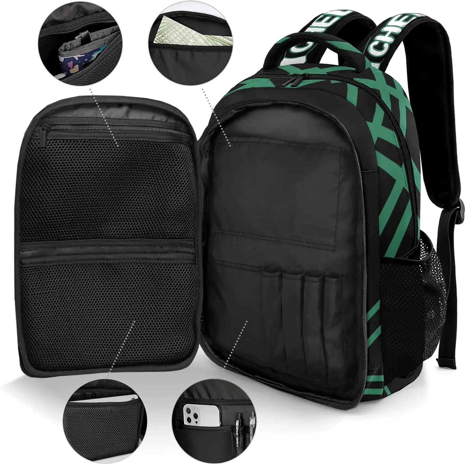 Personalized Green Cheerleaders Pom Cheer Backpack Name Casual Bag Daypack for Women Men Camping Hiking