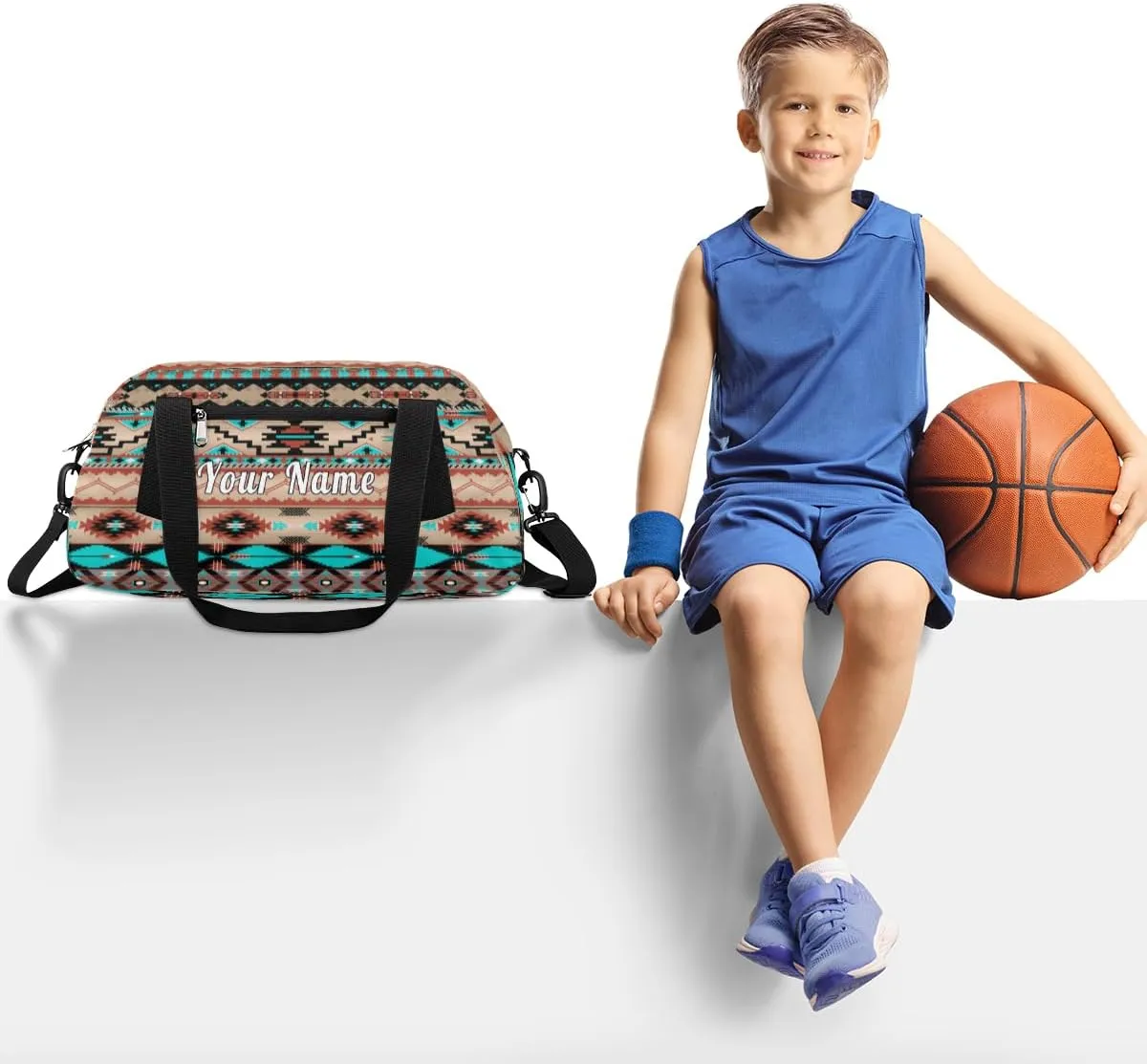 Personalized Kids Duffel Bag African Navajo Aztec,Custom Sport Gym Bag for Boys Girls,WWeekender Overnight Bags Travel Duffel Bag,Customized Kids Gift