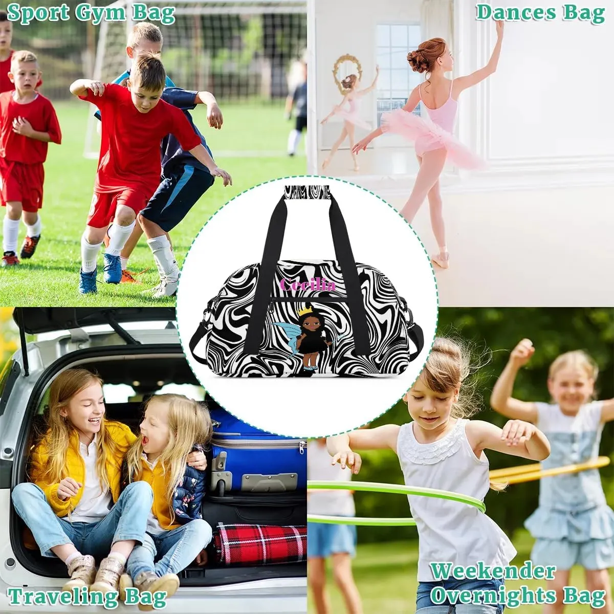 Personalized Kids Duffel Bag Afro Girl,Custom Sport Gym Bag for Boys Girls,Weekender Overnight Bags Travel Duffel Bag,Customized Kids Gift Zebra Print