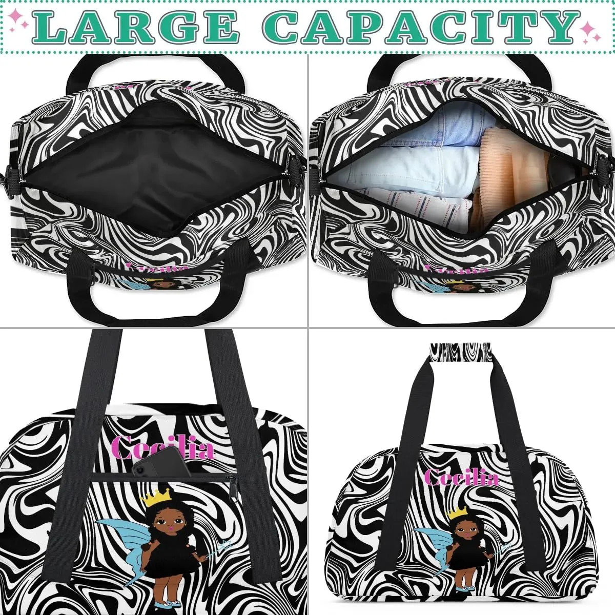 Personalized Kids Duffel Bag Afro Girl,Custom Sport Gym Bag for Boys Girls,Weekender Overnight Bags Travel Duffel Bag,Customized Kids Gift Zebra Print