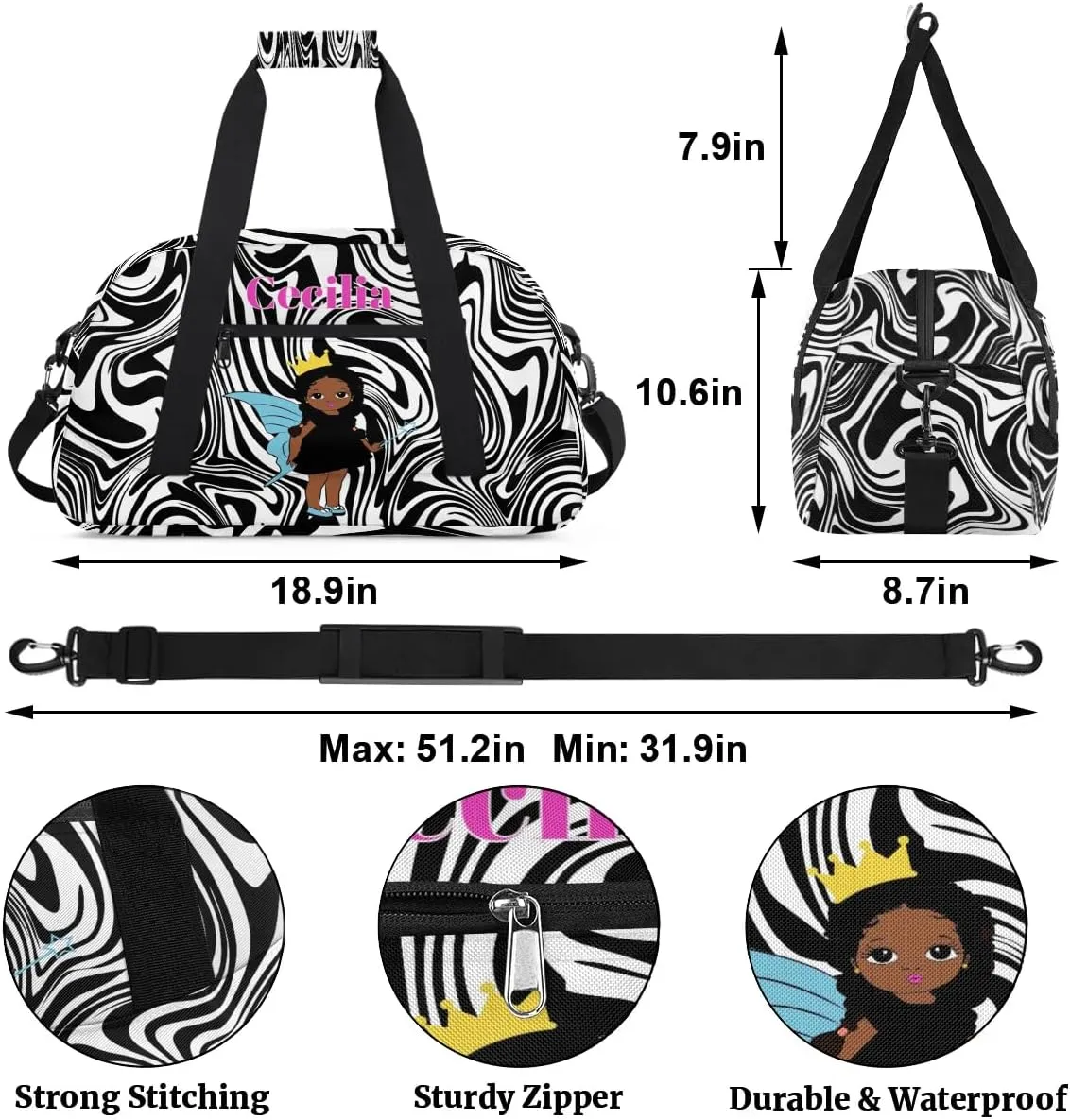 Personalized Kids Duffel Bag Afro Girl,Custom Sport Gym Bag for Boys Girls,Weekender Overnight Bags Travel Duffel Bag,Customized Kids Gift Zebra Print