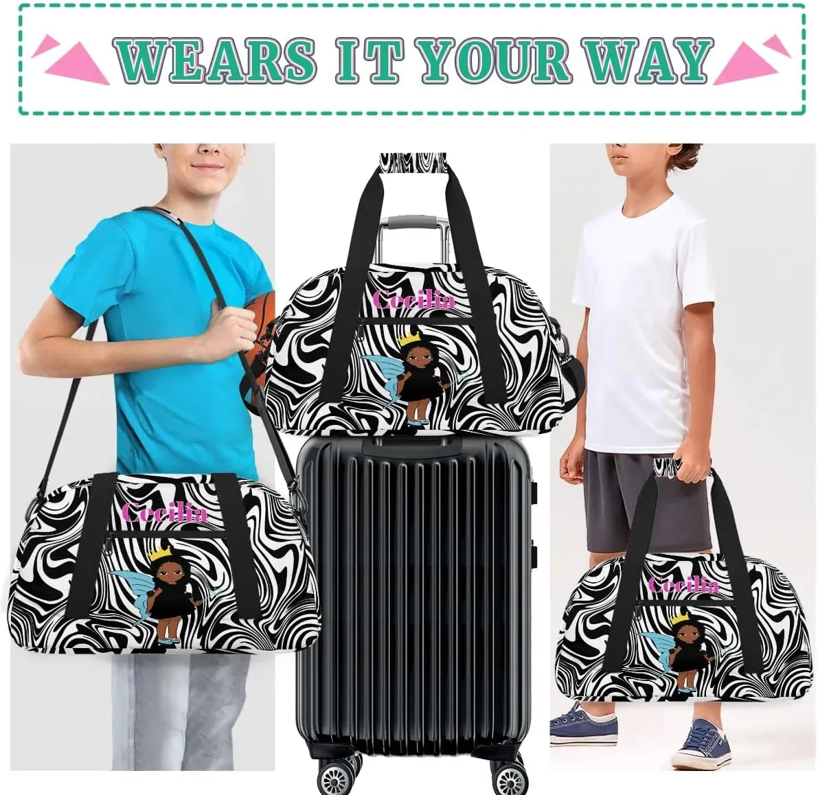 Personalized Kids Duffel Bag Afro Girl,Custom Sport Gym Bag for Boys Girls,Weekender Overnight Bags Travel Duffel Bag,Customized Kids Gift Zebra Print