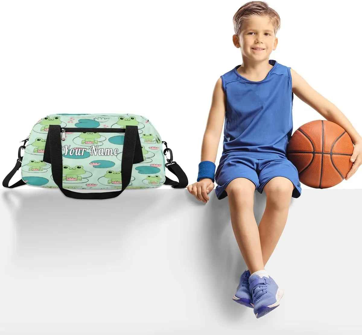 Personalized Kids Duffel Bag Animal Frog Lotus Pattern,Custom Sport Gym Bag for Boys Girls,WWeekender Overnight Bags Travel Duffel Bag,Customized Kids Gift