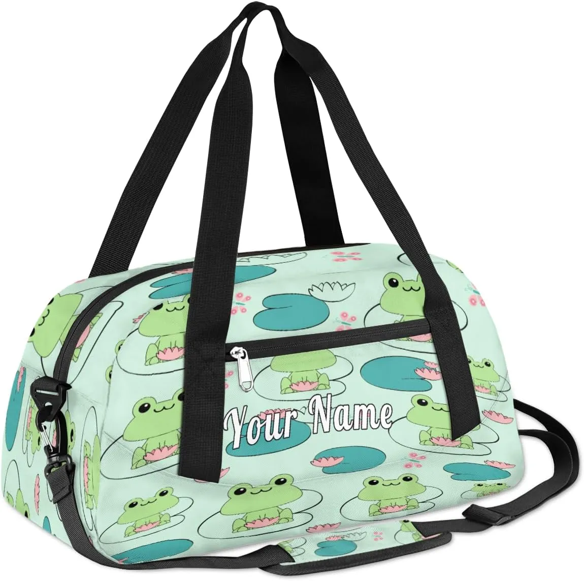 Personalized Kids Duffel Bag Animal Frog Lotus Pattern,Custom Sport Gym Bag for Boys Girls,WWeekender Overnight Bags Travel Duffel Bag,Customized Kids Gift